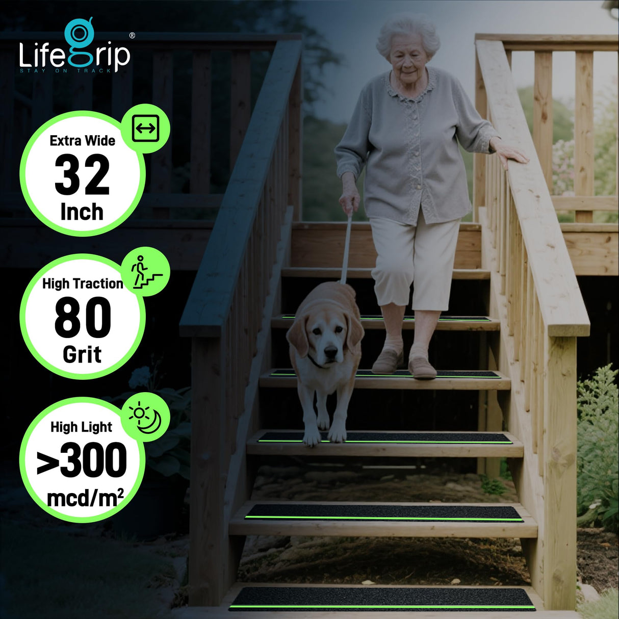 LifeGrip Anti Slip Traction Treads 10 Pack, 6"x32" with Glow in Dark Stripe, Best Grip Tape Grit Non Slip, Outdoor Non Skid Tape, High Traction Friction Abrasive Adhesive for Stairs Step