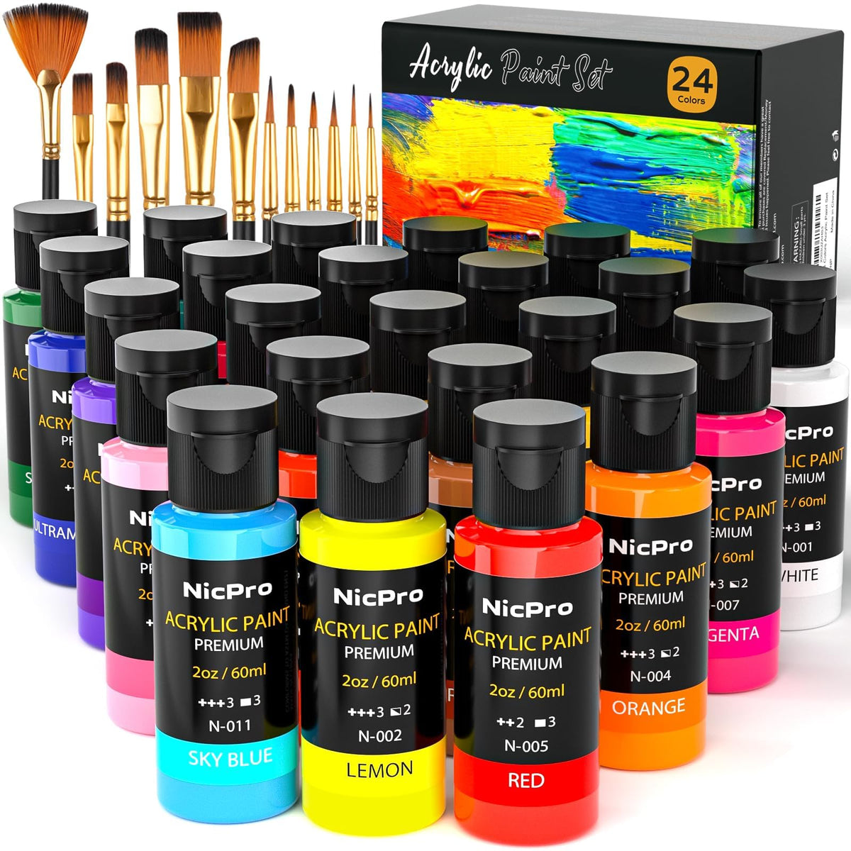 Nicpro Acrylic Paint Set 24 Colors 2oz with 12 Brushes & Palette