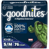 Goodnites Boys' Bedwetting Underwear, Size S/M (43-68 lbs), 76 Ct (2 Packs of 38), Packaging May Vary
