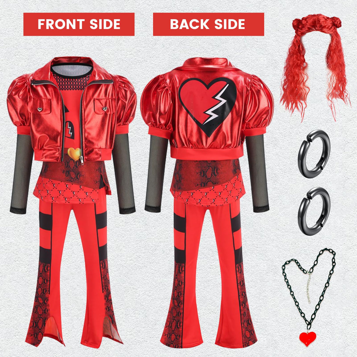 TAMOSKY Rise of Red Costume Girls Kids Halloween Christmas Cosplay Outfits with Red Cosplay Wig Includes Heart Shirt Jacket Pants Set Party Dress up for Kids 4-14Y