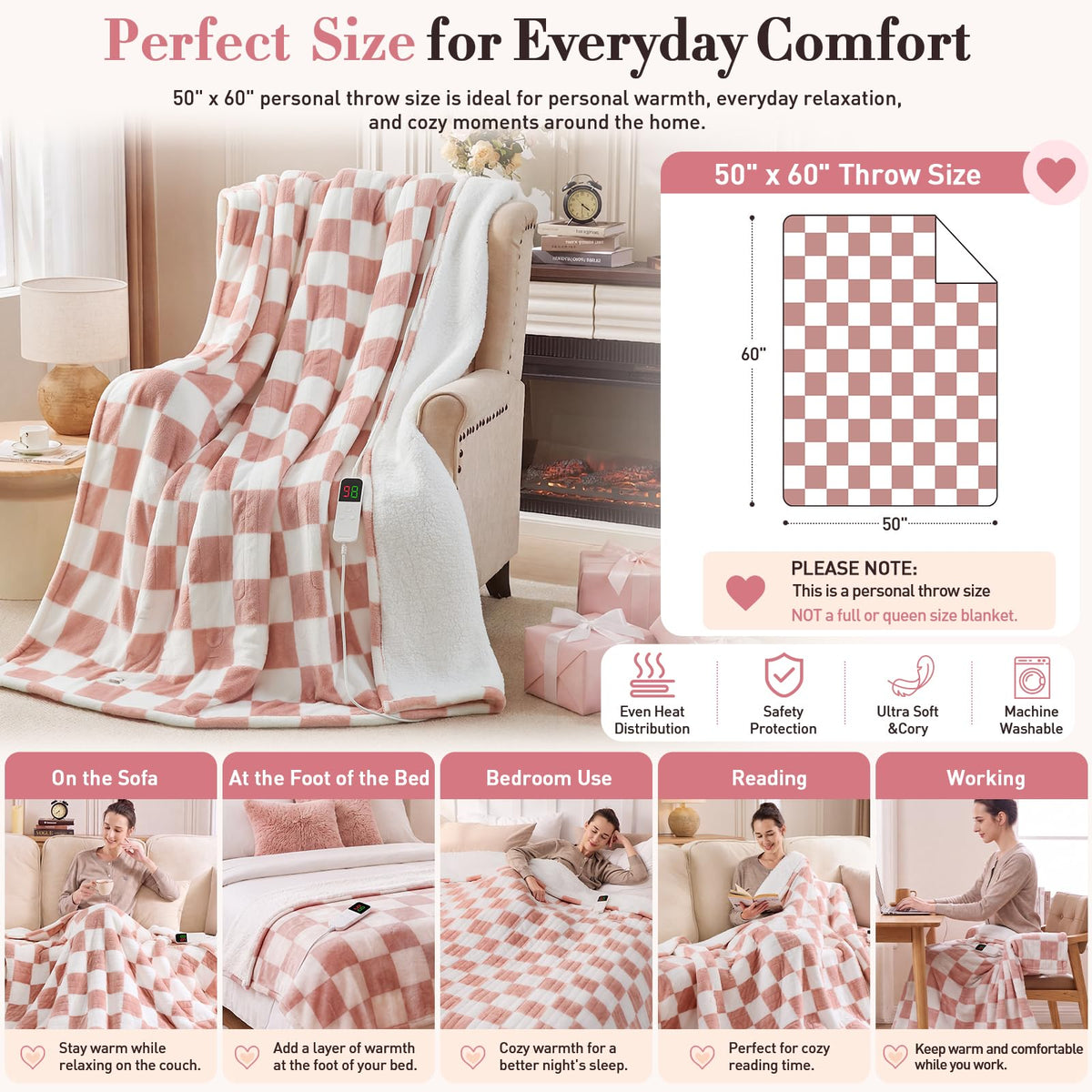 RAYVOICE Pink Heated Blanket Electric Throw 50"X60", Heating Blanket Throw