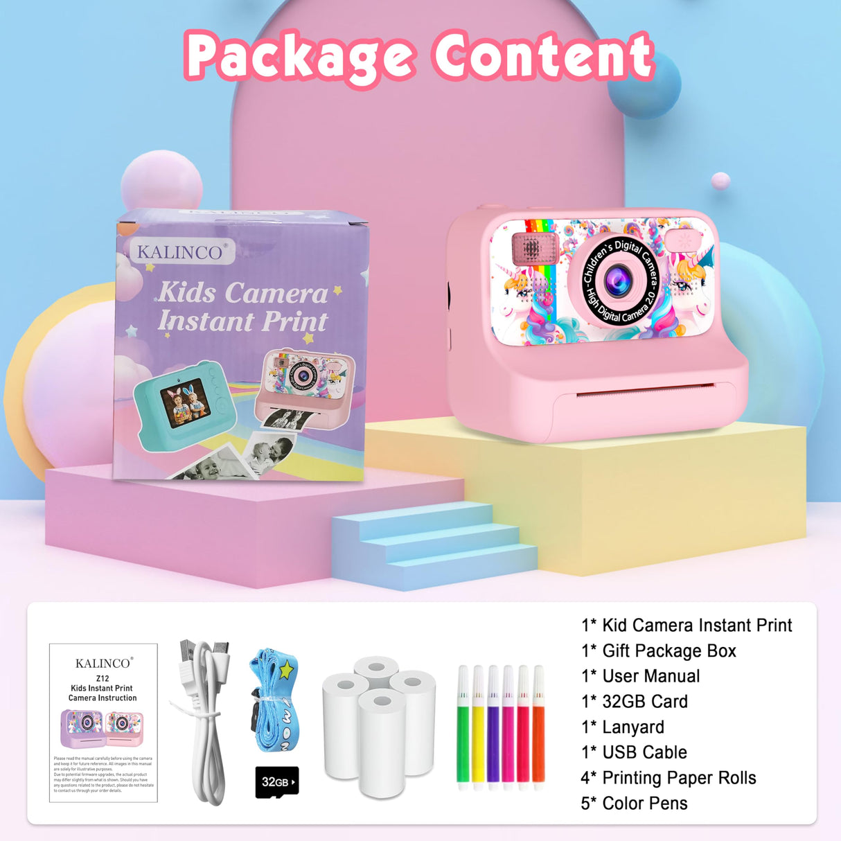 Kids Camera, Upgrade Kids Camera Instant Print, Front Rear Dual Selfie Digital CAM with 1080P Videos, Portable Travel Toy with Games and Music, Christmas Birthday Gift for Boys, Girls and Teens