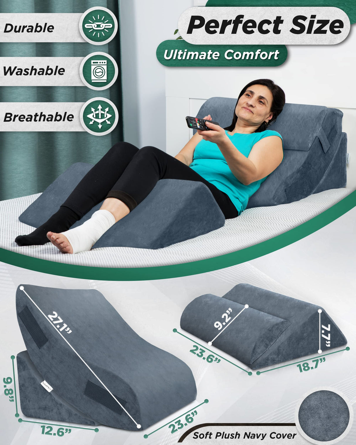 Lunix 4pcs Orthopedic Bed Wedge Pillow Set, Post Surgery Memory Foam for Back, Knee, Leg Pain Relief, Sitting Pillow for Sleeping, Acid Reflux, GERD, with Hot Cold Pack, FSA HSA Eligible, 100% Navy