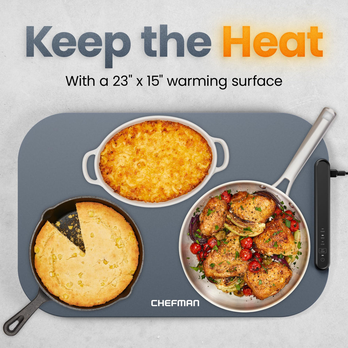 Chefman Roll n’ Go Food Warming Mat, Electric Warming Tray for Buffets, Parties, Holidays, 3 Temperature Settings, Easy-Clean Silicone Mat, Roll Up Food Warmers w/Storage Bag - Grey