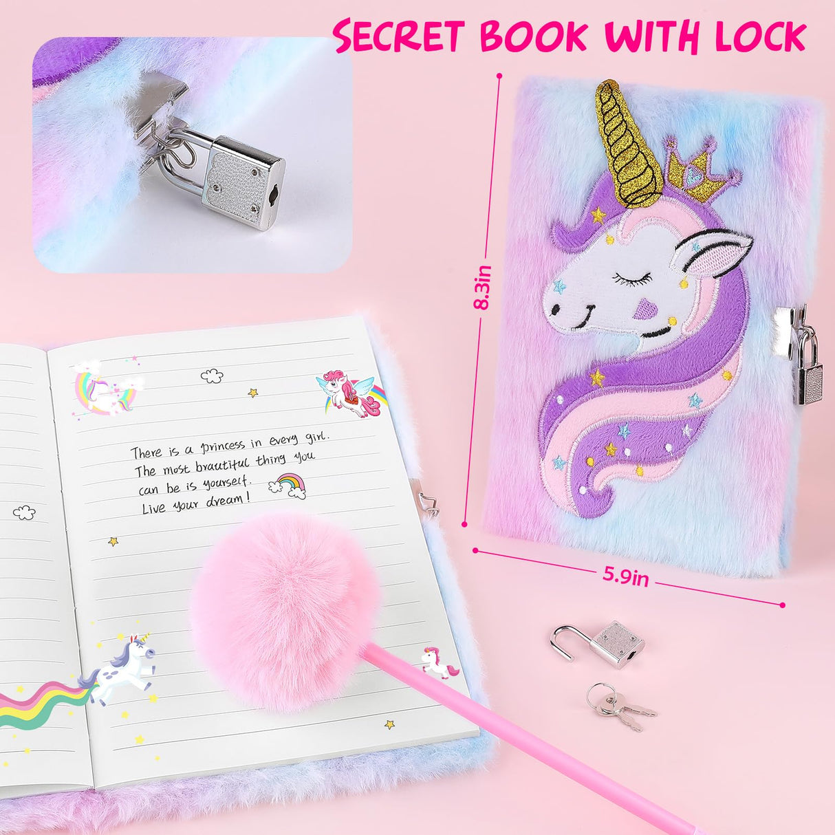 Unicorns Gifts for Girls 4 5 6 7 8 9 10+ Years Old with Unicorns Handbag Purse/Diary with Lock/Headband/Eye Mask/Water Bottle, Kids Unicorn Toy Soft Plush Toys Set for Birthday Gifts Christmas