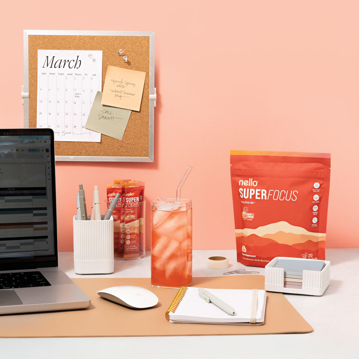 Nello SuperFocus Focus Drink Mix – Fruit Punch Flavor – Alpha GPC, Lion’s Mane, Rhodiola & N-Acetyl L-Tyrosine – Sugar-Free, On-the-Go Packets – 20 Servings