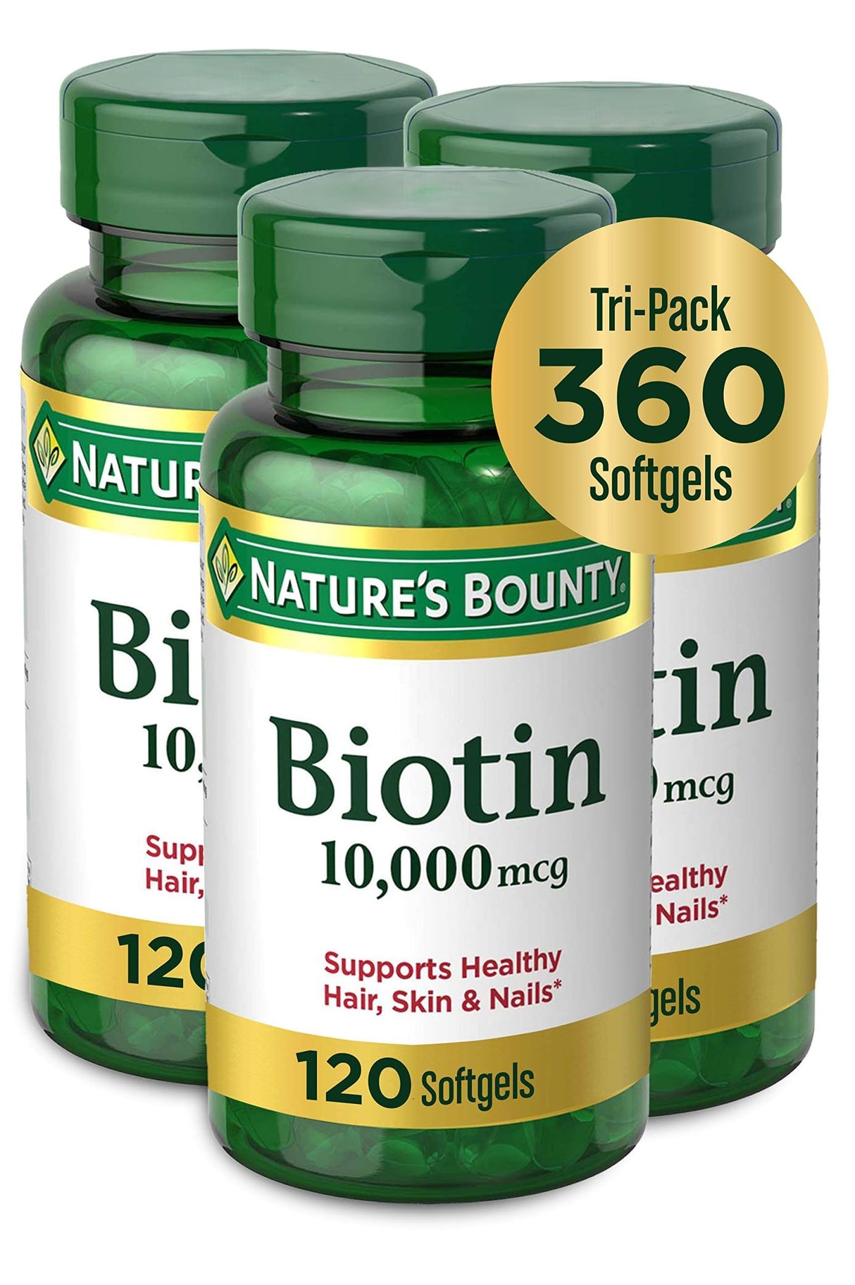 Nature's Bounty Biotin Hair Skin and Nails Vitamins, Supports Healthy Hair, Skin and Nails, 10,000 mcg, 120 Count (Pack of 3)
