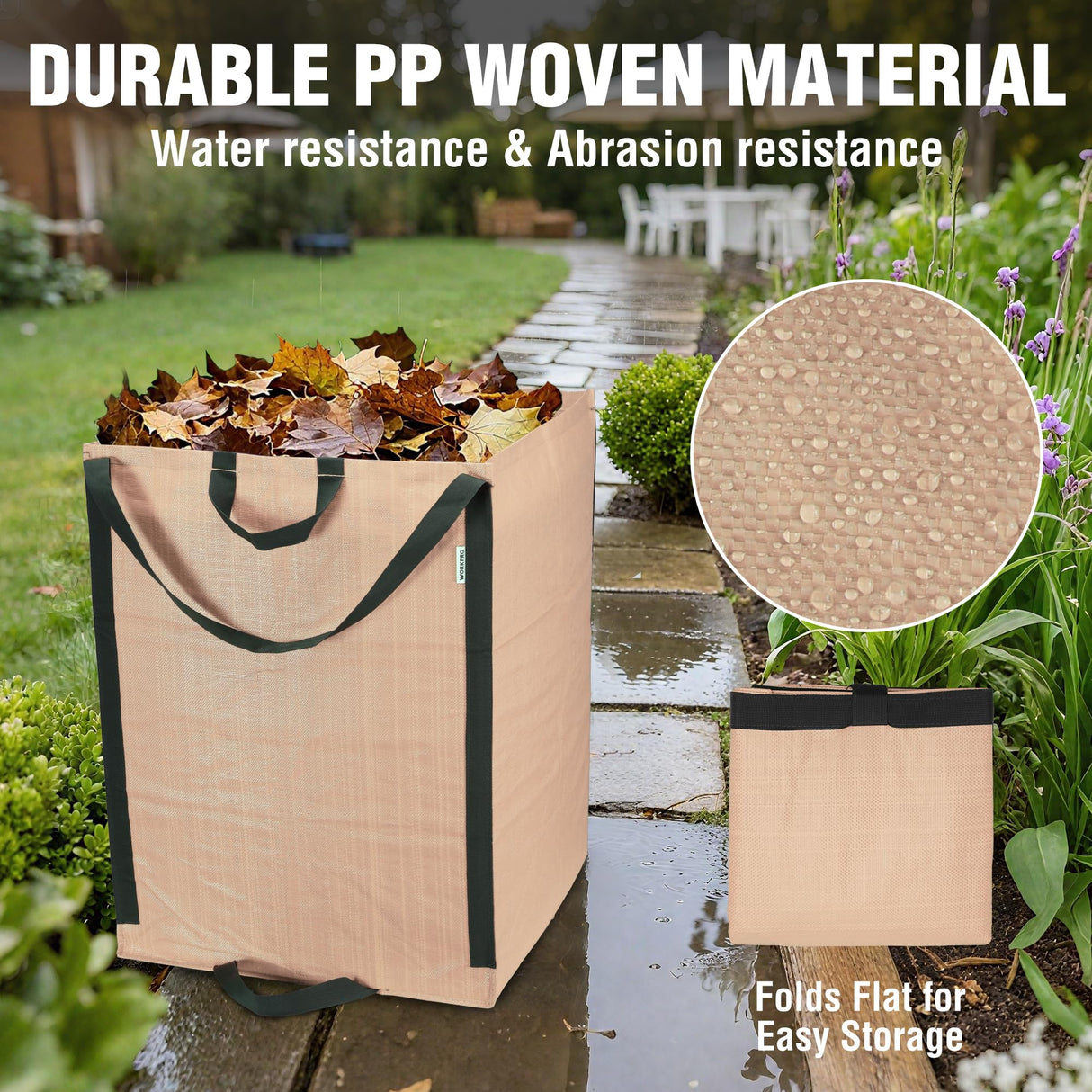 WORKPRO Heavy Duty 72-Gallon Reusable Yard Waste Bags, 3 Pack Self-standing Leaf and Lawn Bags with Reinforced Handles, Garden Waste Bags for Debris, Leaves, Grass, and Outdoor Recycling, Light Tan