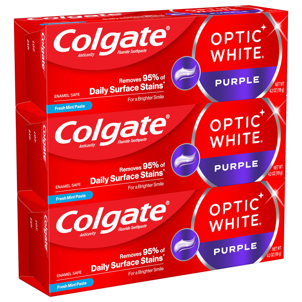 Colgate Optic White Purple Toothpaste for Whitening, Enamel-Safe Mint, 3 Pack, 4.2 oz