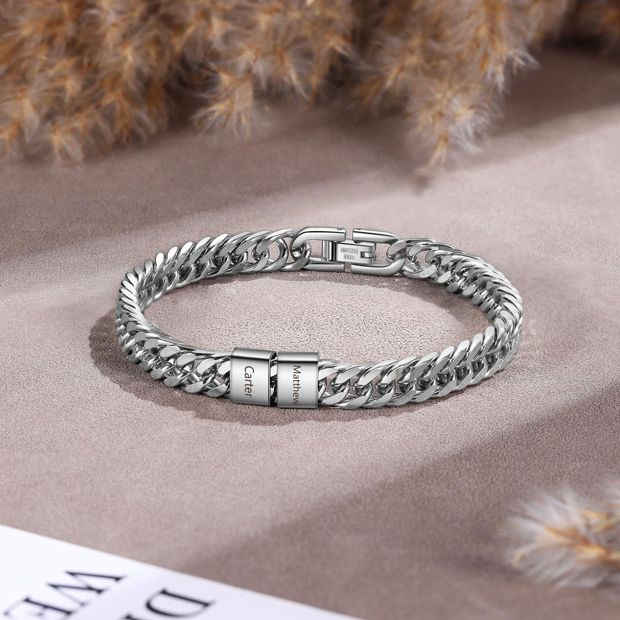 MirthfulMemento Personalized Mens Bracelet with 1-6 Names, Custom Stainless Steel Bracelets Father's Day Birthday Gifts for Him (2 Names)