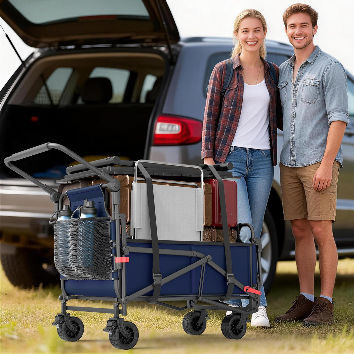 LEVELEVE Heavy Duty Folding Wagon - 2-in-1 Collapsible Cart, All-Terrain Wheels w/Brakes & Side Pockets (Blue,650lb Capacity)