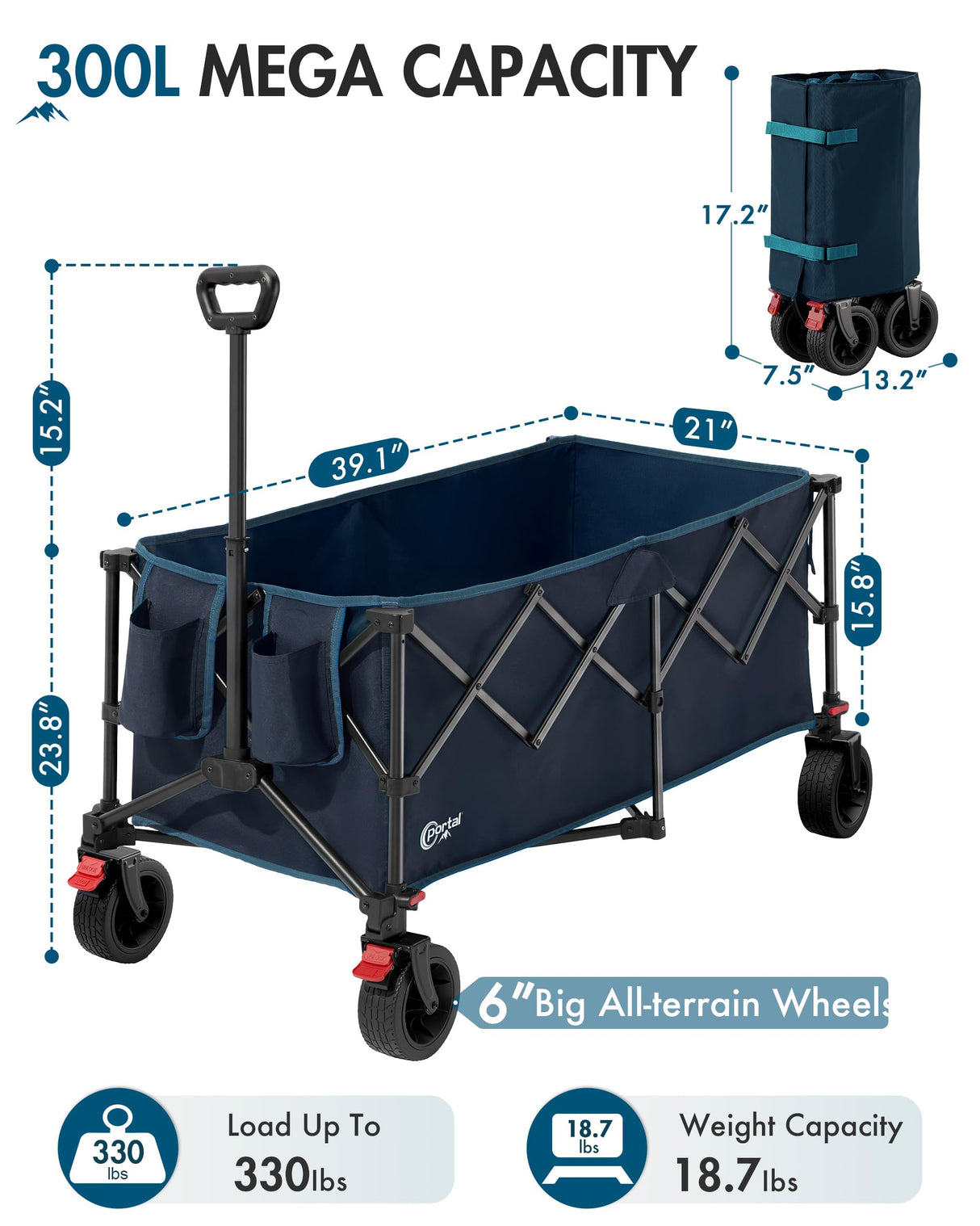 Portal Ultra Compact Folding Wagon Cart with Brakes, 300L Large Cart