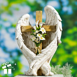 ShineOnAngel 12" Angel Wings Embracing Cross and Calla Lily Garden Statue Memorial Statue