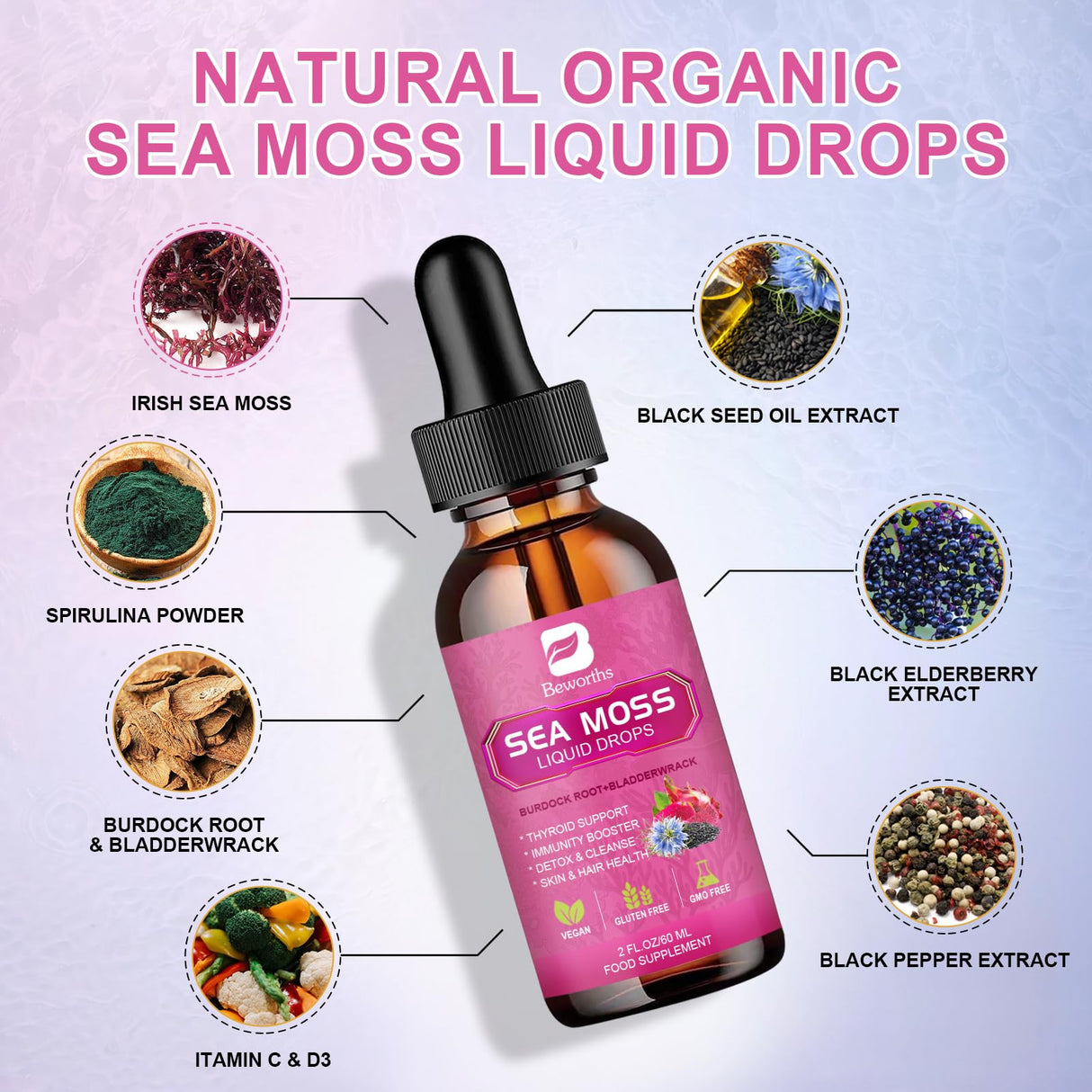 B BEWORTHS Sea Moss Liquid Drops - Organic Black Seed Oil Irish Sea Moss Gel with Burdock Root, Bladderwrack, Elderberry, Vitamin C, D3, 6X Stronger Seamoss Gel for Digestive, Hair Health - Vegan