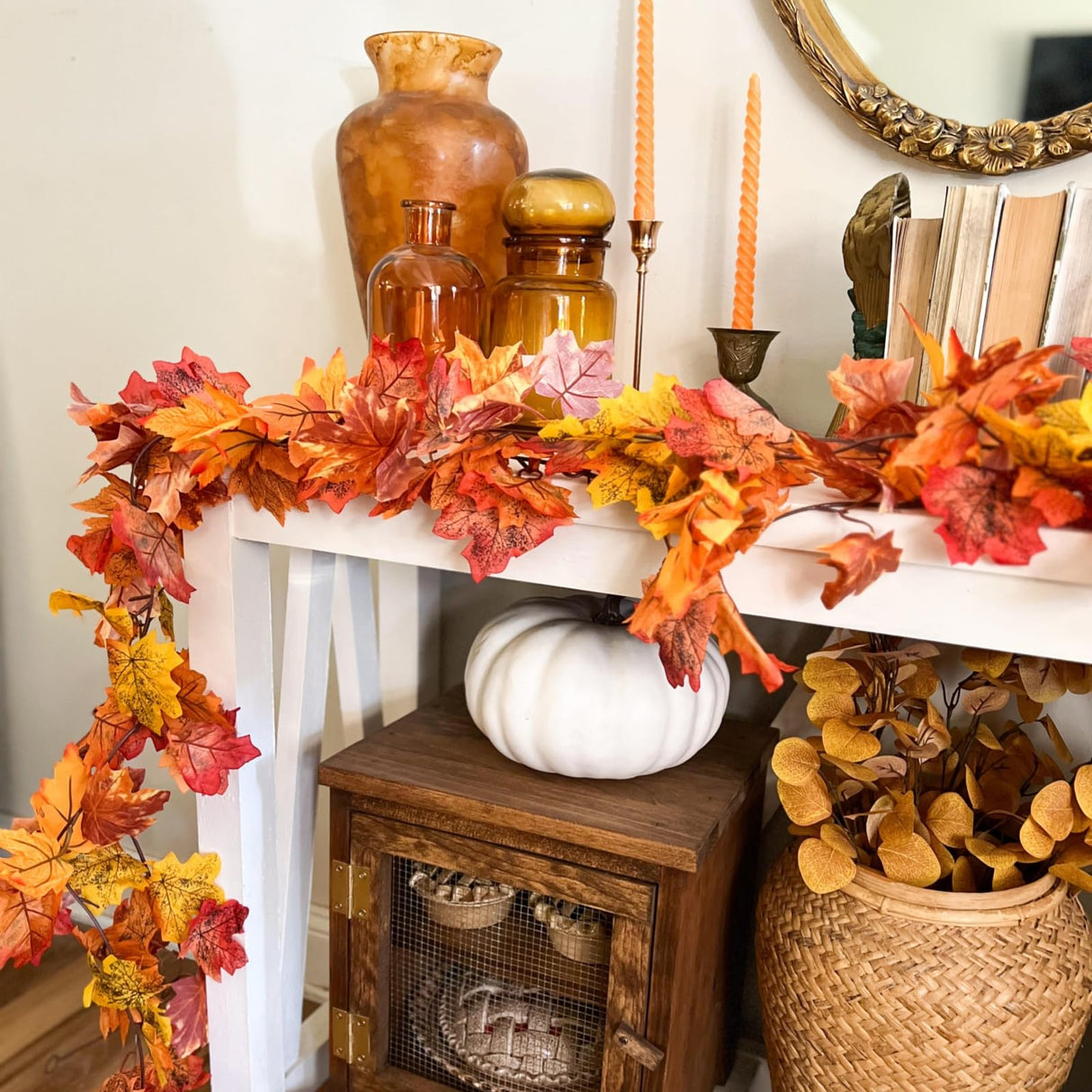 CQURE 9 Pack Fall Leaf Garland, Total 53.1Ft Artificial Fall Vines Autumn Garland Fall Maple Leaves Thanksgiving Decor for Home Wedding Fireplace Christmas