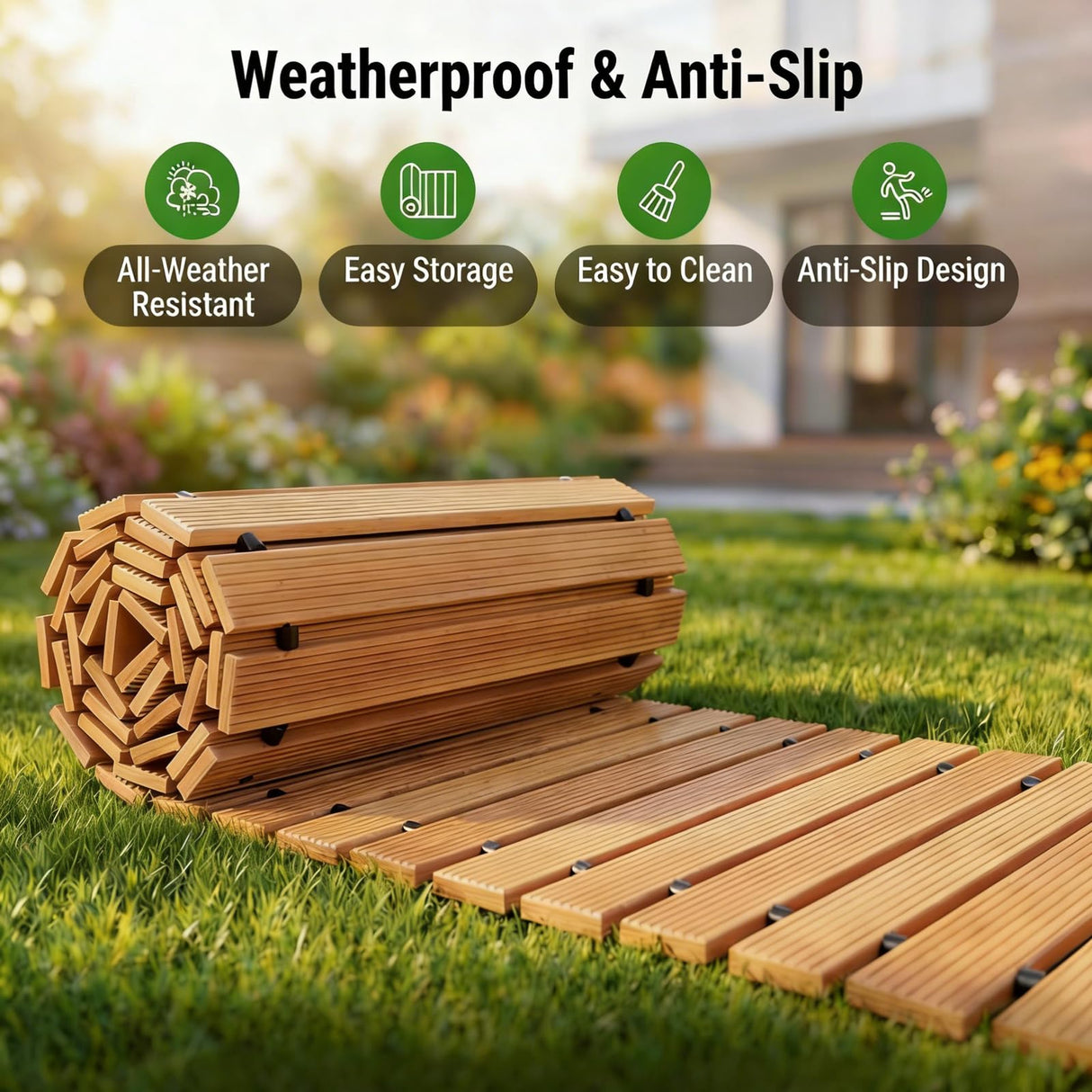 Wooden Garden Pathway Outdoor Walkway - 12 FT Roll Out Outdoor Pathway with Ground Stakes, Boardwalk Pavers for Outside Walkway, Non-Slip Garden Path for Backyard Decor, Lawn Landscaping, Natural