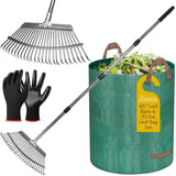 Jesosia Garden Rake for Leaves with Leaf Bag & Gloves - 65 Inch Adjustable 25 Tines Metal Rake Set with 72 Gallon Reusable Yard Waste Bags for Gardening Lawns Outdoor Camping Shrub Grass Bush