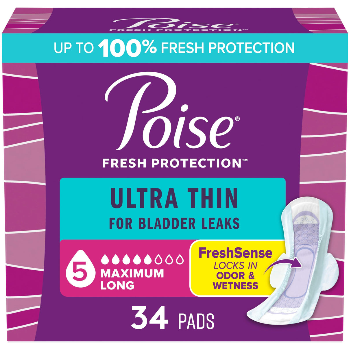 Poise Ultra Thin Incontinence & Postpartum Pads with Wings for Bladder Leaks, 5 Drop Maximum Absorbency, Long Length, 34 Count, Packaging May Vary