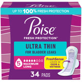 Poise Ultra Thin Incontinence & Postpartum Pads with Wings for Bladder Leaks, 5 Drop Maximum Absorbency, Long Length, 34 Count, Packaging May Vary