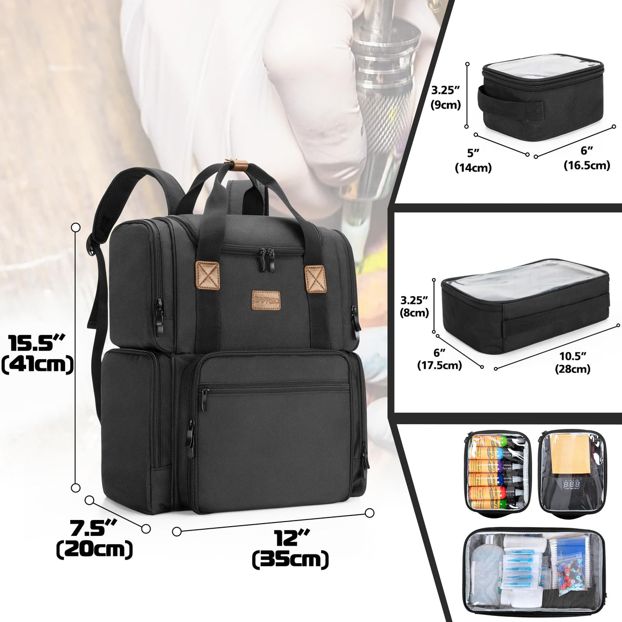 BAFASO Tattoo Backpack with 3 Inner Removable Pouches, Tattoo Case Holds Tattoo Stencil Printer and Tattoo Supplies (Bag Only), Black
