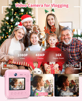 Digital Camera for Kids Instant Print, 48MP Dual-Lens Kids Camera for Girls Boys Christmas Birthday Gifts, 1080P Video Selfie Instant Cameras, Portable Toddler for 4-12 Years with 32GB Card-Pink