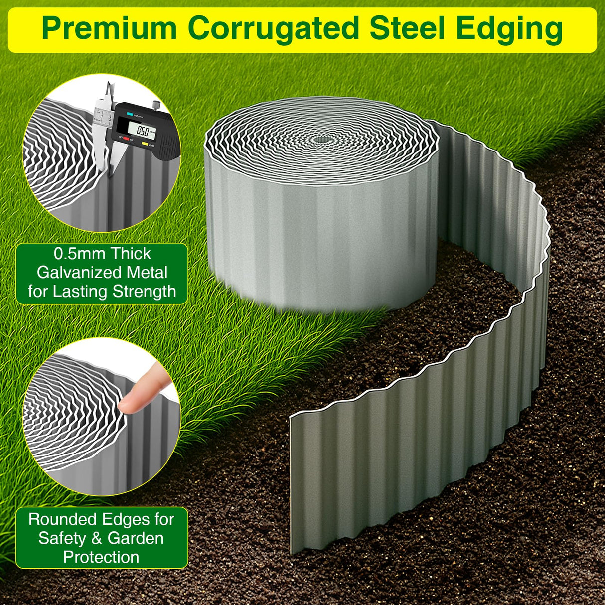 MIXC Corrugated Metal Garden Edging, Landscape Border for Lawn, Flower Bed & Paver (Silver, 8 Inch × 25FT)
