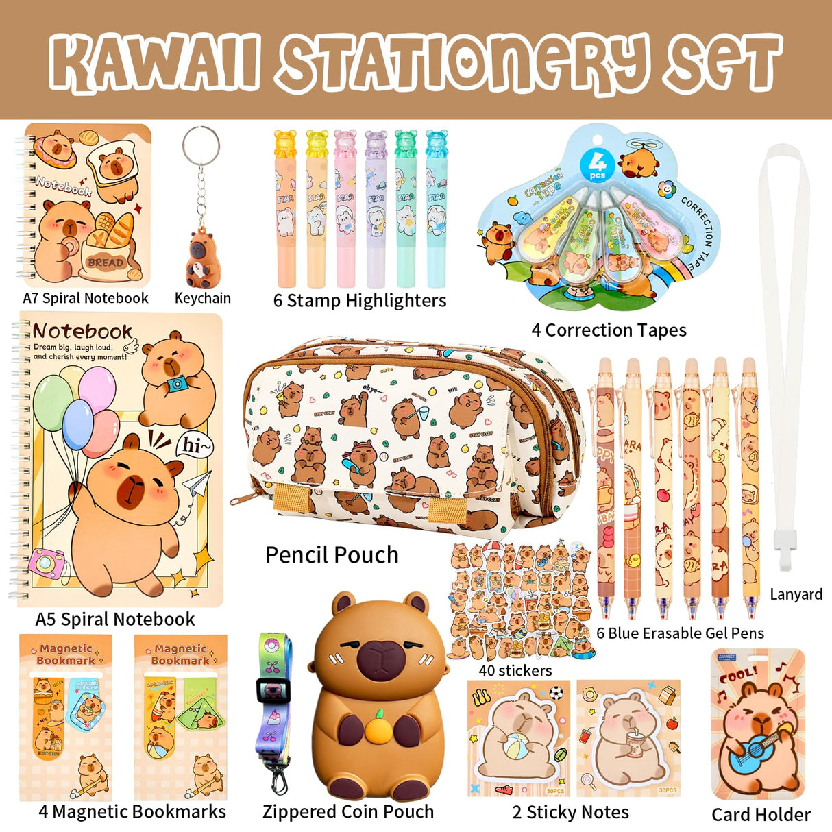 Capybara Stationery Gift Set for Kids,28 Pcs Cute School Supplies Kit with Pencil Case,Notebook,Stickers – Practical and Fun Christmas, Easter or Birthday Gift Ideas for 6–12 Years Old Girls & Boys