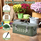 Cinpode Seed Storage Organizer with Lid, Metal Seed Bin Seed Packet Container with 100 Plant Labels 50 Seed Envelopes 50 Plant Clips 1 Marker Pen, 4 Compartments Box with Locks