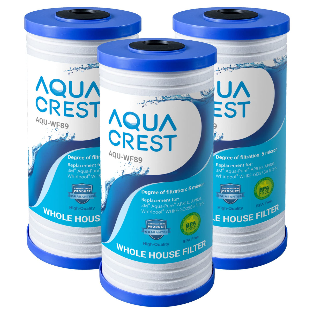 AQUA CREST AP810 Whole House Water Filter Replacement for 3M® Aqua-Pure AP810, AP801, AP811, Whirlpool® WHKF-GD25BB, WHKF-DWHBB, 5 Micron, 10" x 4.5", Well & Tap Water Filter, Pack of 3