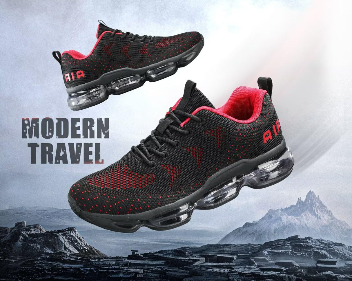 Men's Air Cushion Running Shoes Walking Jogging Fitness Gym Fashion Sneakers Lace Up Casual Comfortable Work Tennis Sport Athletic Trainers Black/Red