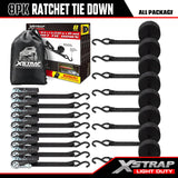 XSTRAP STANDARD Ratchet Tie Down Straps 8PK 1'' x 10 ft - 900 LB Break Strength Cargo Straps for Moving Appliances, Lawn Equipment, Motorcycle (Black)