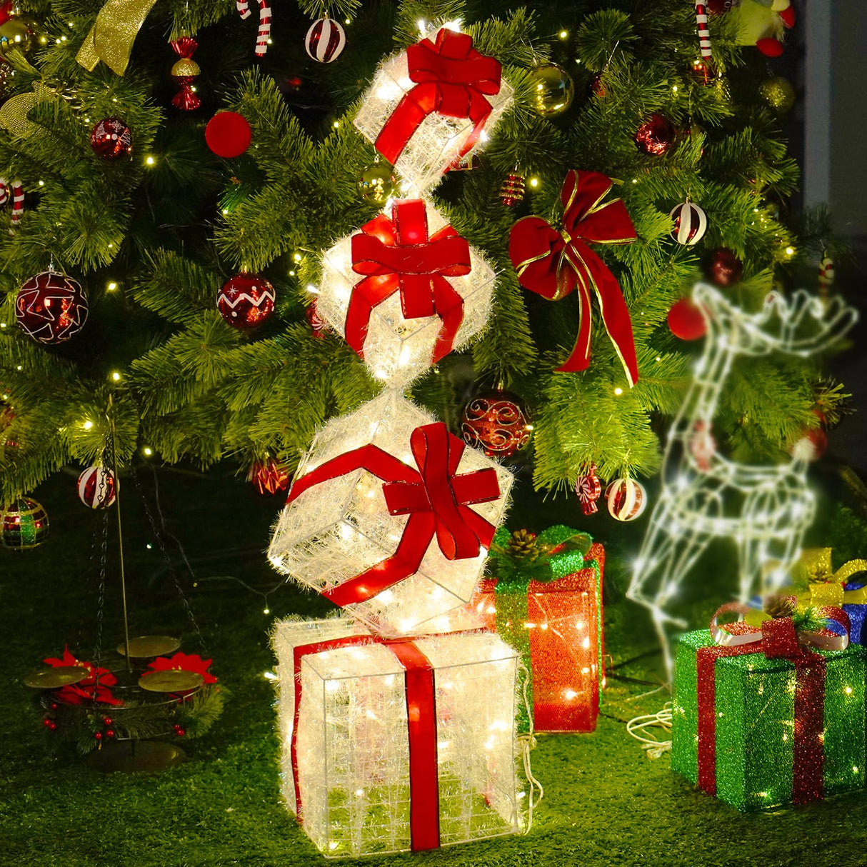 SANHSEHOME Set of 4 Christmas Lighted Gift Boxes, 3.3FT 70 LED Stackable Light Up Present Boxes for Christmas Decorations Indoor Outdoor Yard Lawn Porch Home Decor(4 Piece Set)