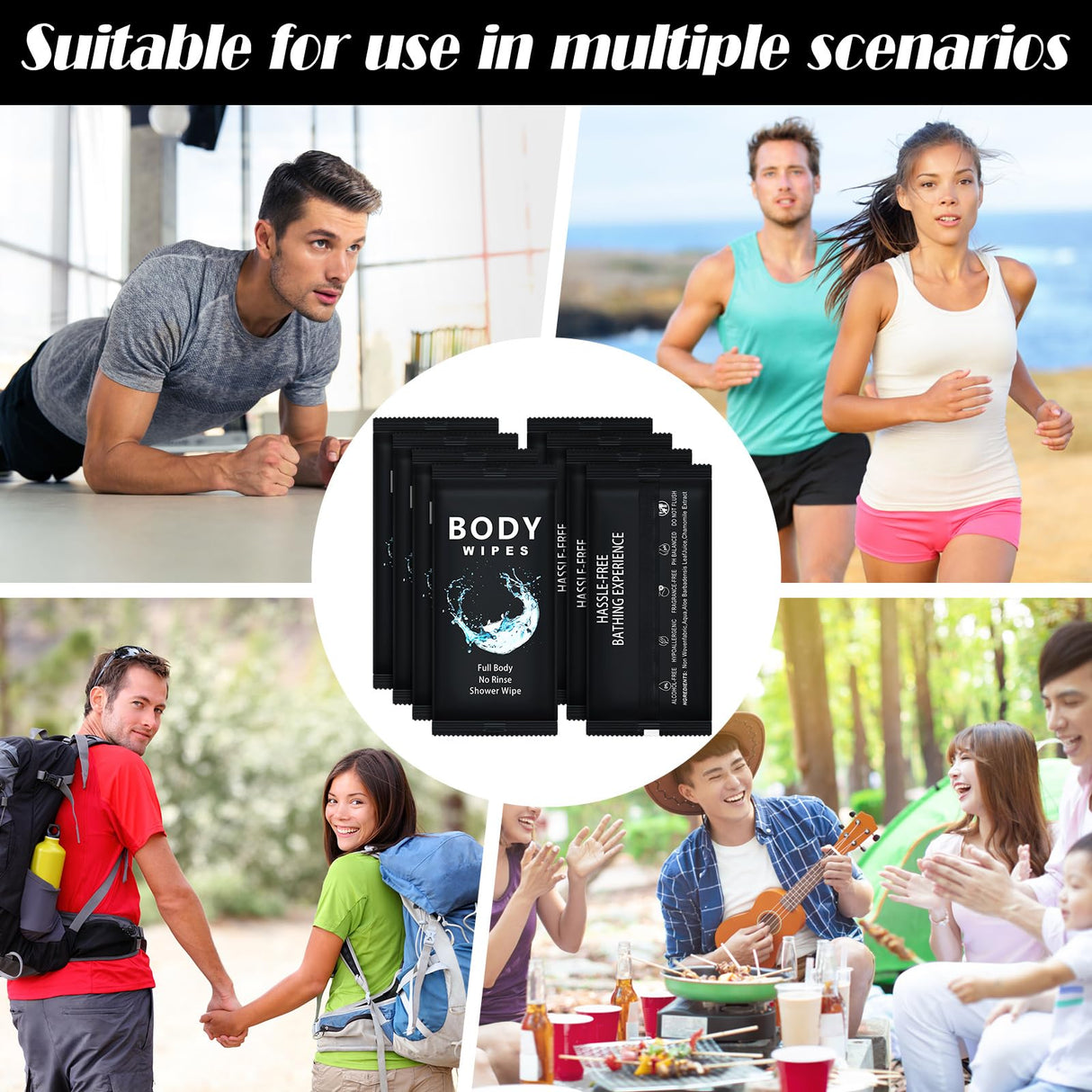 Treela 300 Pcs Bulk Large Body Wipes Individually Wrapped Big Bath Wipes for Adults Bathing No Rinse Shower Bulk Deodorant for Homeless Hygiene Personal Cleansing for Travel Gym(7.09" X 9.84",Black)