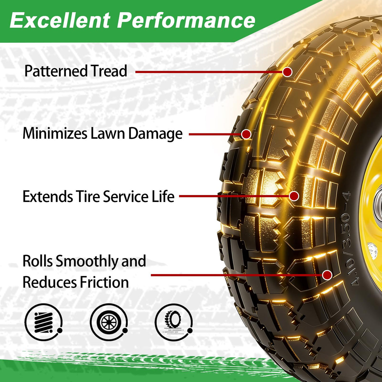 LTNICER 10" Solid Rubber Tires and Yellow Wheels 4.10/3.50-4 (10 x 3.5) Flat Free Tire with 5/8" Bearings,Heavy-Duty Replacement Tire For Gorilla Carts,Wagon,Wheelbarrow,Garden cart(2 Pack)