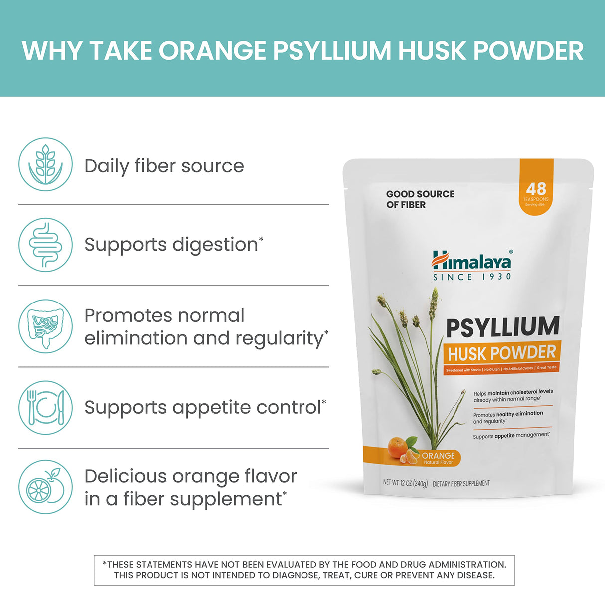 Himalaya Psyllium Husk Powder, Orange, 48 Servings - Daily Fiber Supplement for Supporting Digestive Health and Regularity - Vegan, Non-GMO, Sugar Free, Gluten Free, 12 oz (340 g)