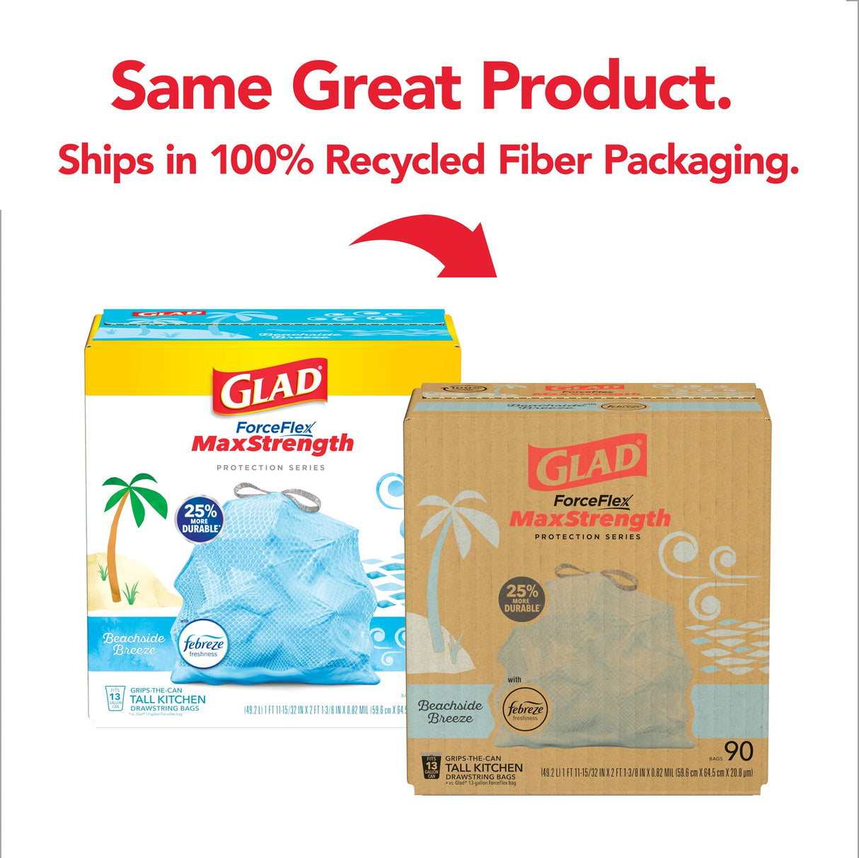 Glad ForceFlex MaxStrength Tall Kitchen Trash Bags, 13 Gal, Beachside Breeze, 90 Ct, Pack May Vary