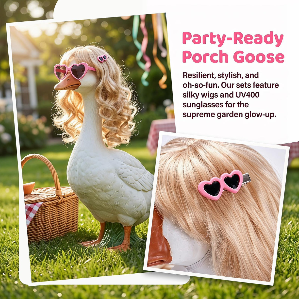 YFFSQXH 3 Styles Porch Goose Wig Set with Heart Sunglasses & Hair Clips - Themed Braid Wig Set (9 Pieces Total) for 17/23 Inch Lawn Goose Statue, Adjustable Outdoor Garden Decor