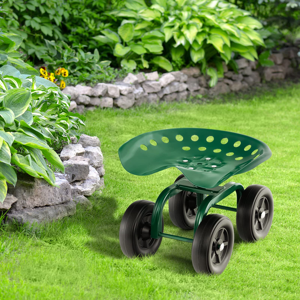LDAILY Garden Seat with Wheels, Heavy-Duty Utility Stool Cart with Adjustable 11"-16" Height & 360° Rotatable, Rolling Garden Cart with Seat for Lawn Planting, Yard Work, Patio Gardening (Green)