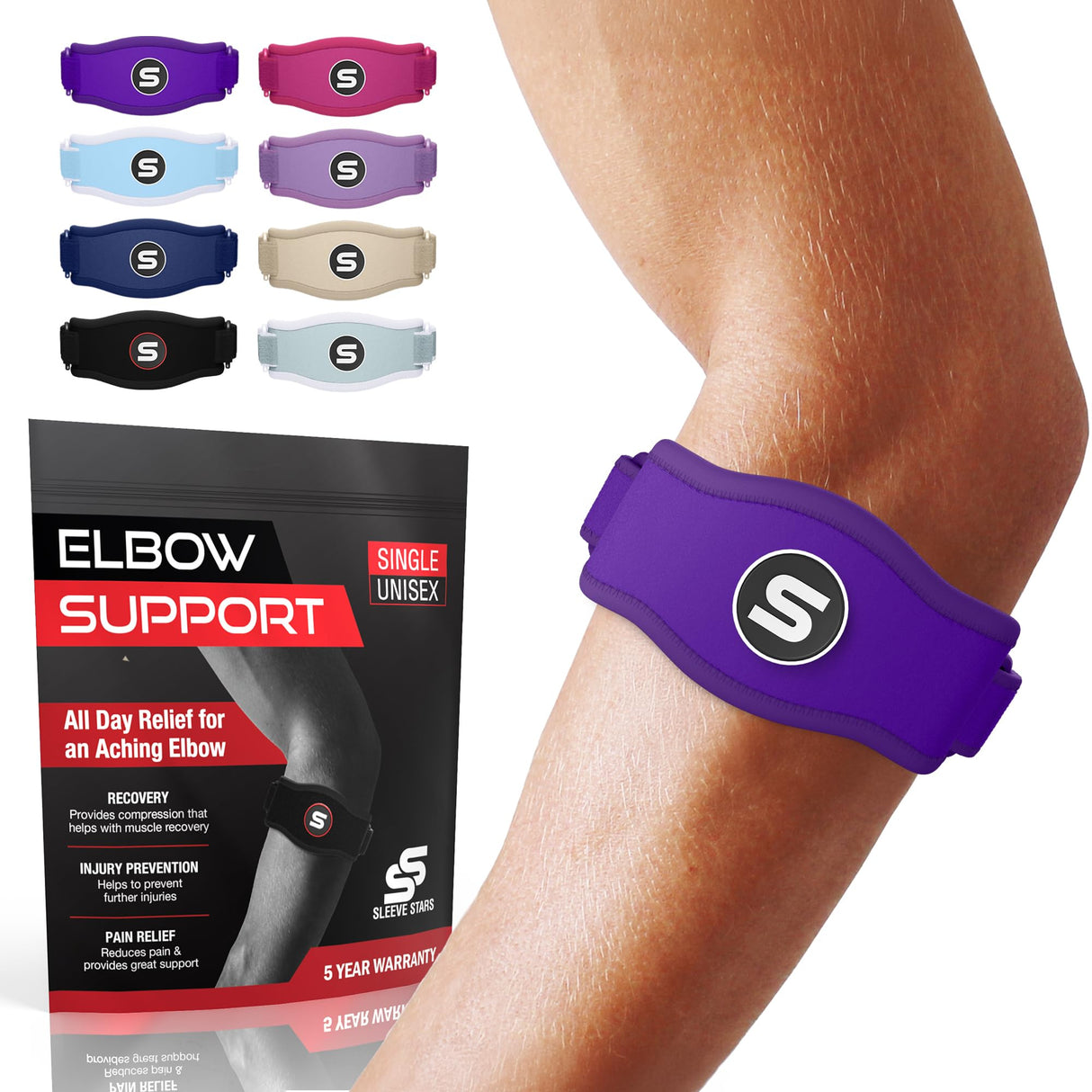 Sleeve Stars Tennis Elbow Brace for Men & Women, Tendonitis Elbow Brace & Strap Golfers Elbow Brace Counterforce Band for Tendon Pain Relief & Support for Forearm w/ 3 Straps Fits 9-23" (Single) (1, Dark Purple, One Size)
