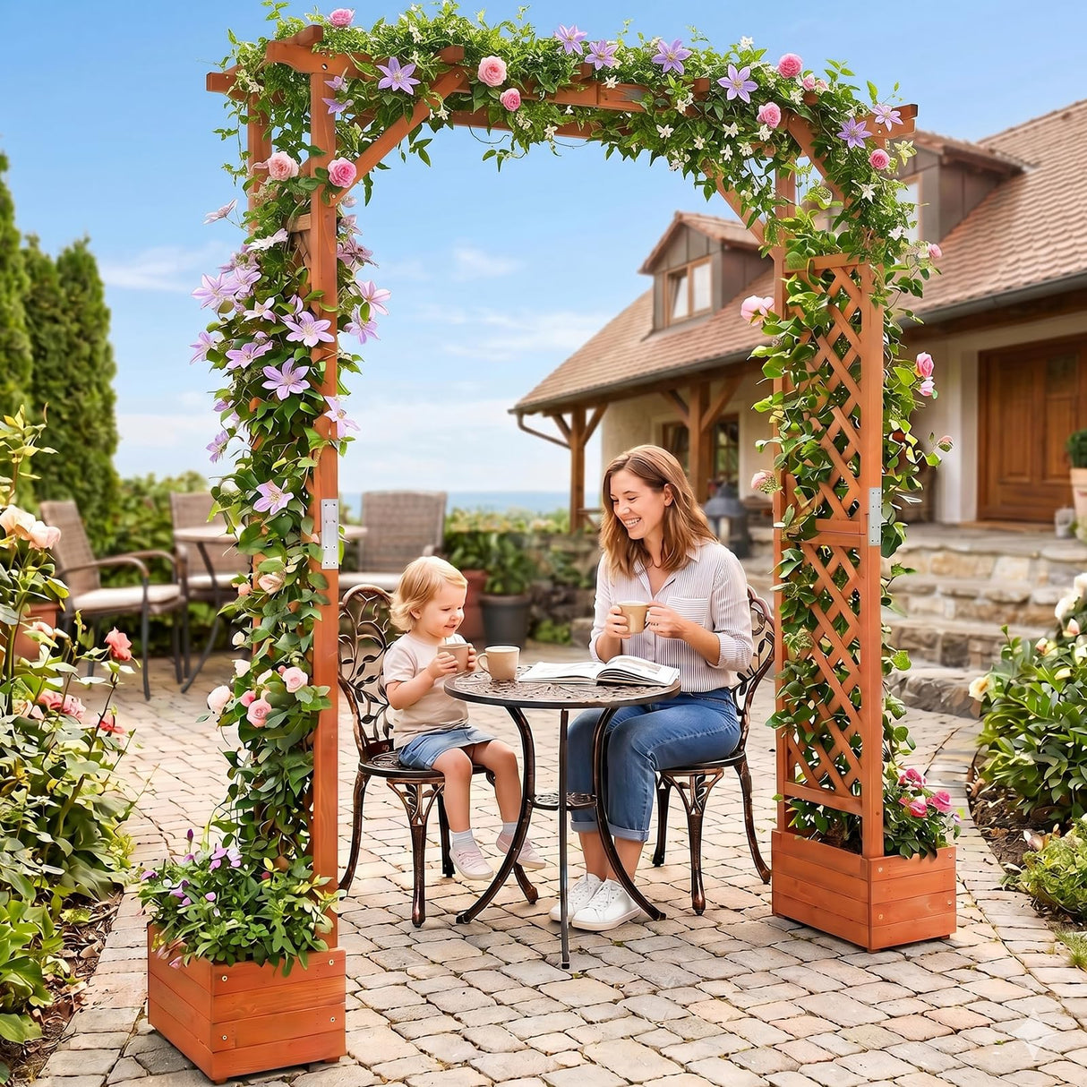 VINGLI Wooden Garden Arbor with Planter, Wedding Arch for Ceremony, Wood Garden Arbour Trellis for Plant Climbing, Pergola for Garden Backyard, Lawn, Outdoor (Golden Brown)