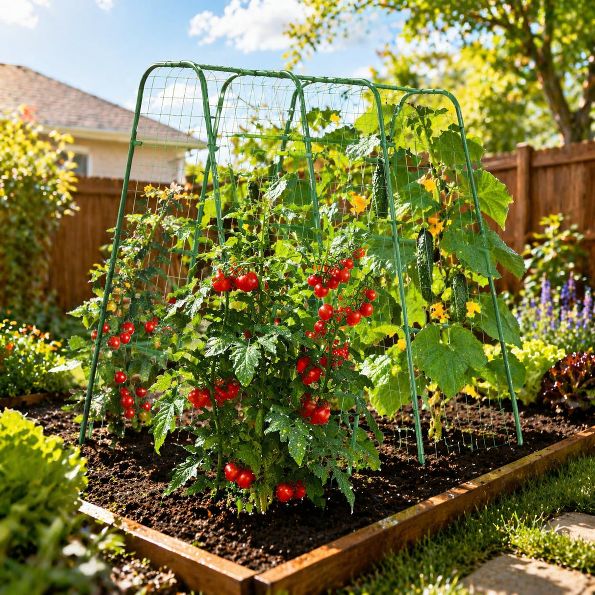 63"/5FT Heavy Duty Cucumber Trellis for Raised Beds, 16mm Metal Garden Trellis with Netting & Clips, Tall Vegetable Trellis for Tomatoes, Beans, Peas & Climbing Plants