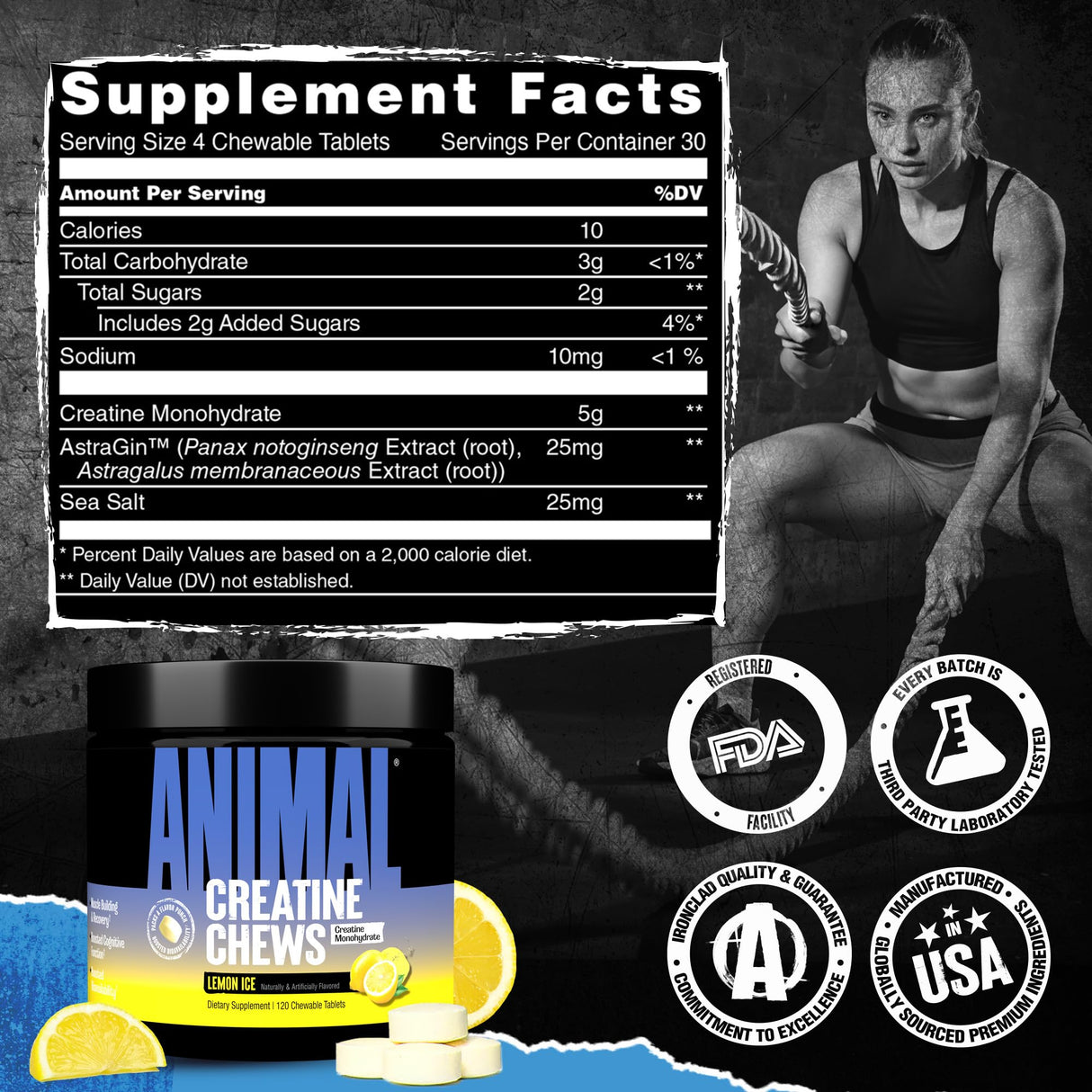 Animal Creatine Chews Tablets - Enhanced Creatine Monohydrate with AstraGin to Improve Absorption, Sea Salt for Added Pumps, Delicious and Convenient Chewable Tablets - Lemon Ice