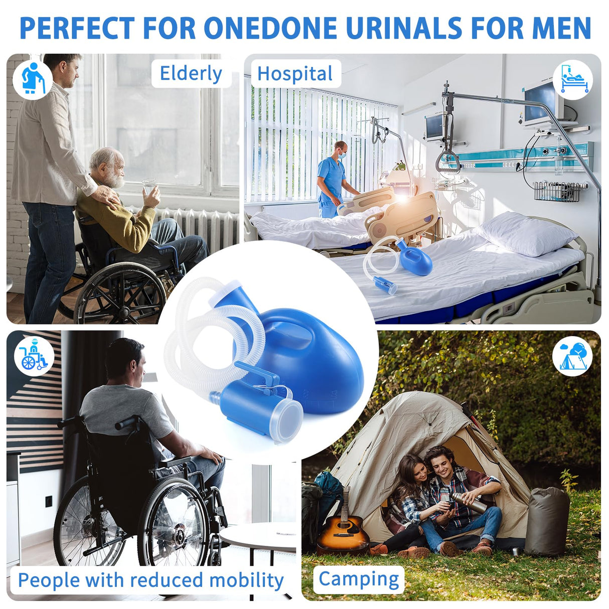 ONEDONE Urinals for Men - Portable Urinal for Men Spill Proof Nighttime Men's Urinal Bottle Male Pee Bottle Urine Bottle 68 OZ for Hospital Home Camping Car Travel 45" Long Hose with Lid (Blue)