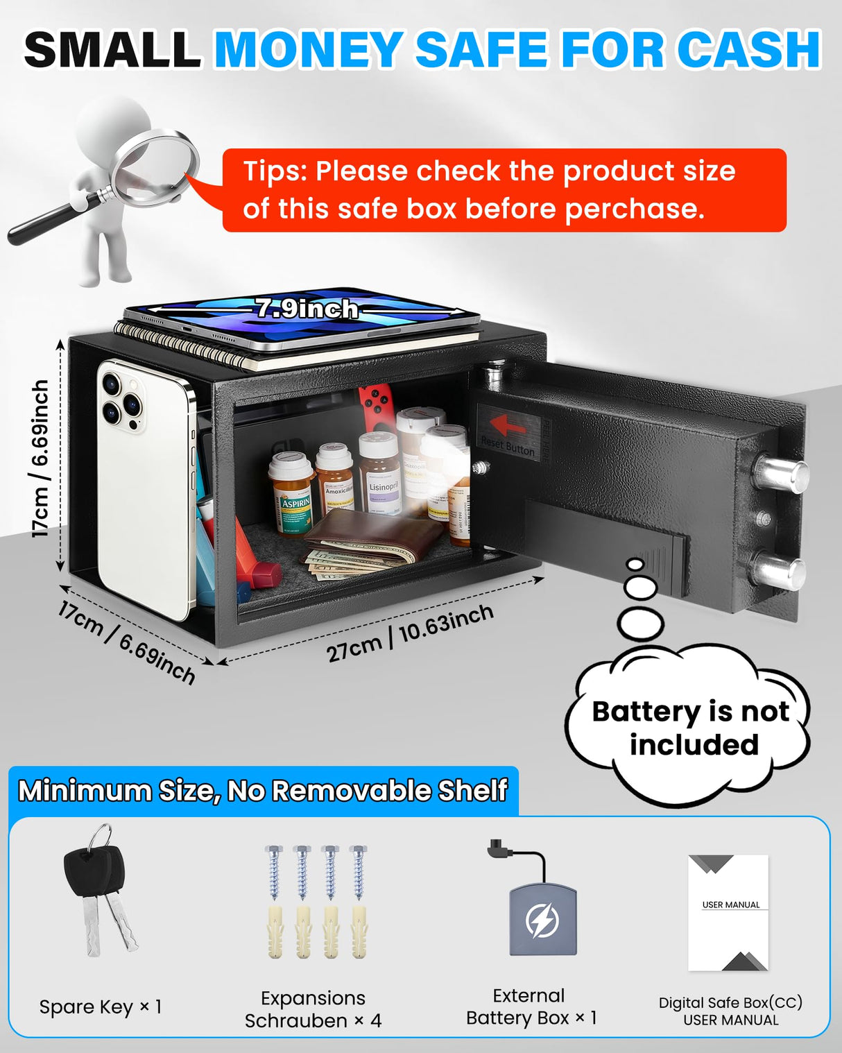 [UPGRADED] Small Safe Box for Home, 0.30 Cuft Mini Safes with Fireproof Waterproof Bag, Digital Money Safe with Programmable Keypad Spare Keys, Security Cash Box for Money Valuables