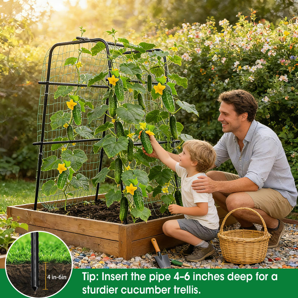 Cucumber Trellis for Raised Bed and Garden, 47" H x 31" W U-Shaped Metal Garden Trellis for Climbing Plants with Nylon Netting, Vegetable Support Frame