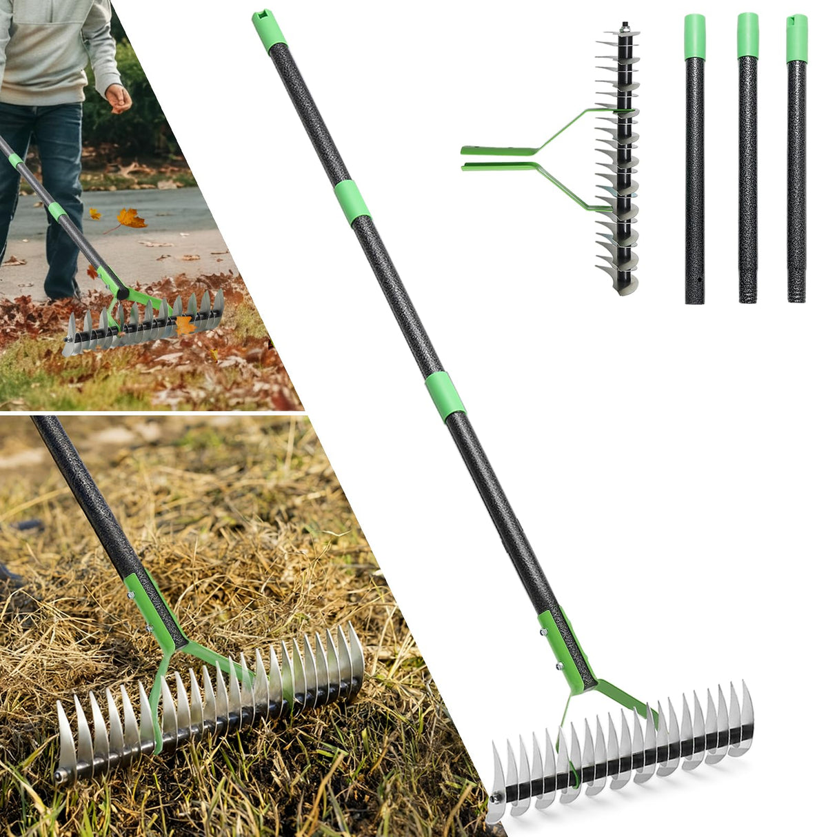 Thatch Rake, 13" Wide Efficient Dethatcher Rake with 55" Adjustable Long Handle, Heavy Duty Steel Metal Dethatching Rakes for Cleaning Dead Grass, Loosening Soil, Lawn Care in Yard Garden