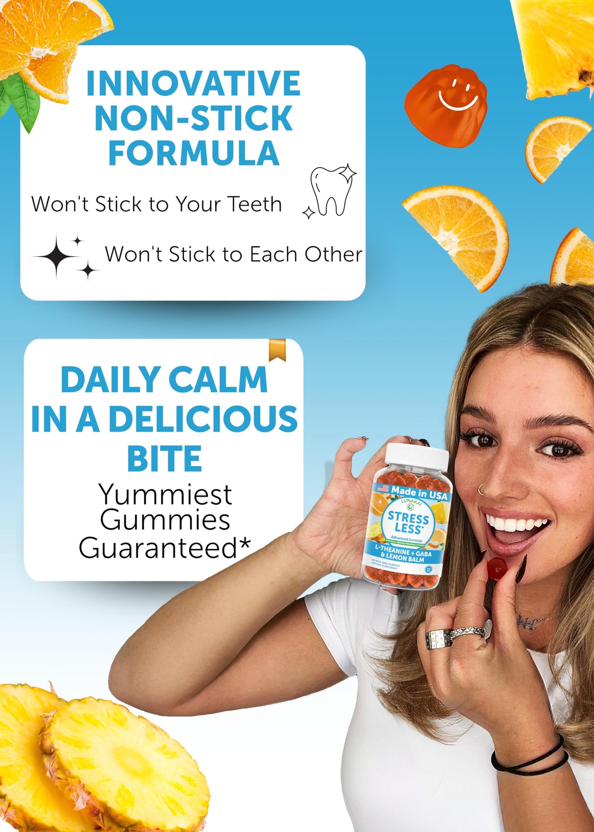 Lunakai USA Made Calm & Stress Relief Gummies – Delicious GABA + L-Theanine Calming Supplement for Adults & Kids – Natural Stress Support, 60ct