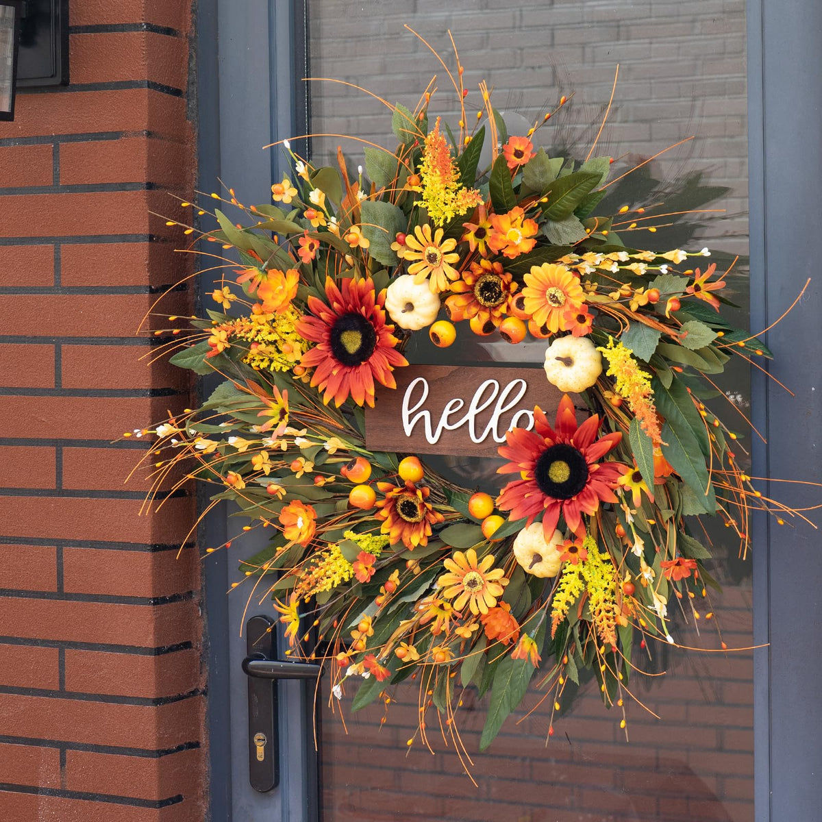 24 Inch Artificial Fall Wreaths for Front Door Outside with Hello Sign''