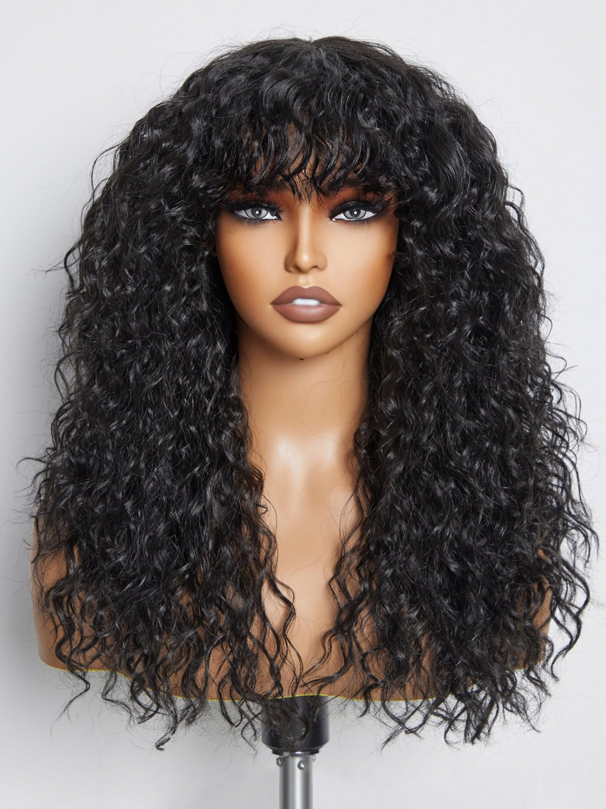 GORGIUS Shaggy Haircuts Natural Black Curly Wig with Bangs Crafted with Style-Archive Technology: Premium Fiber & Remy Human Hair Blended, Realistic Look with True Scalp
