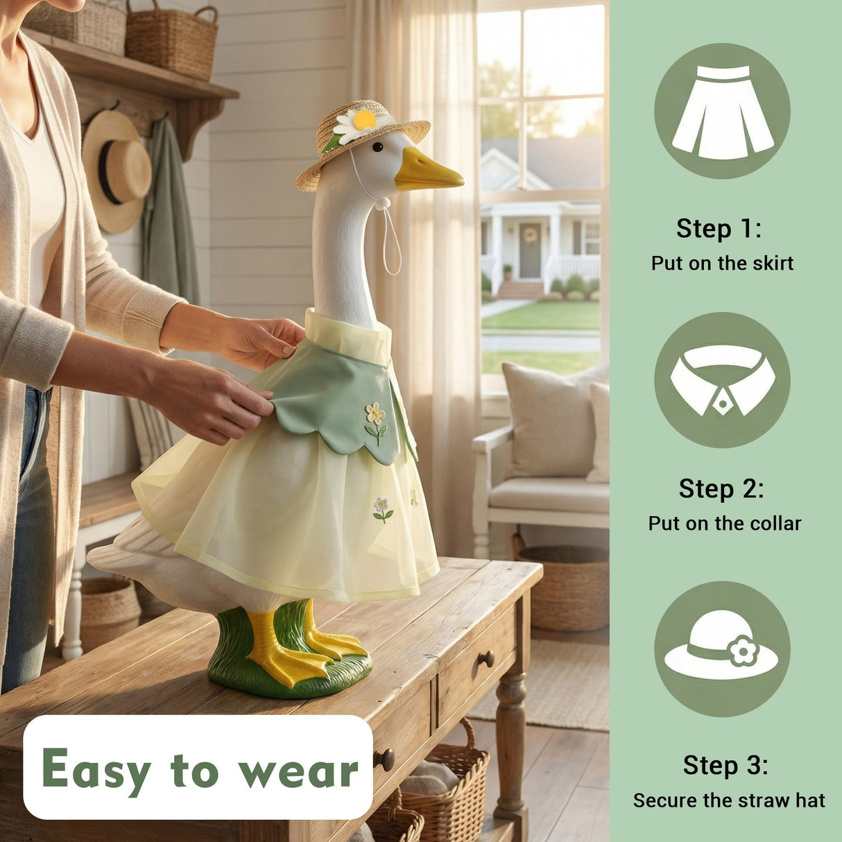 holoith 3 Pcs Summer Porch Goose Outfits for 23 inch Cement Goose Set, Outdoor Garden Statue with Gooses Outfit, Summer Garden Entrance Decoration, Includes Straw Hat, Collar, and Skirt